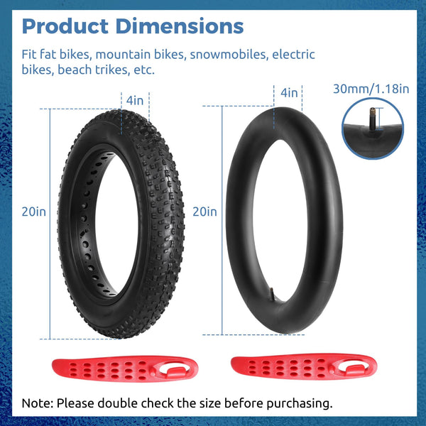 20x4.0 Fat Tire and Tube Set, Folding 100-406/20 x 4 Fat Tire Puncture Resistant with Ebike Tires 20x4 Inner Tube, 20 Inch Fat Tires for Snow, Beach, Mountain, Off Road Commuter Use