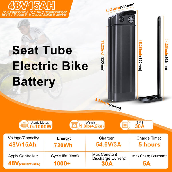 48V E-Bike Battery, Silver Fish Lithium Batteries 30A BMS, Safe Lock, Led Indicator Light for Controller 0W-1000W Electric Bike Bicycles Motor (48V 15AH 0-1000W)