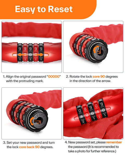 Sportneer Bike Lock: 5 Digit Combination High Security Anti Theft Bike Chain Lock - 3.2/3.6/4ft Heavy Duty Keyless Bicycle Lock for Bike, Motorcycle, Scooter, Door & Gate - 4/6mm Thick, Easy to Use