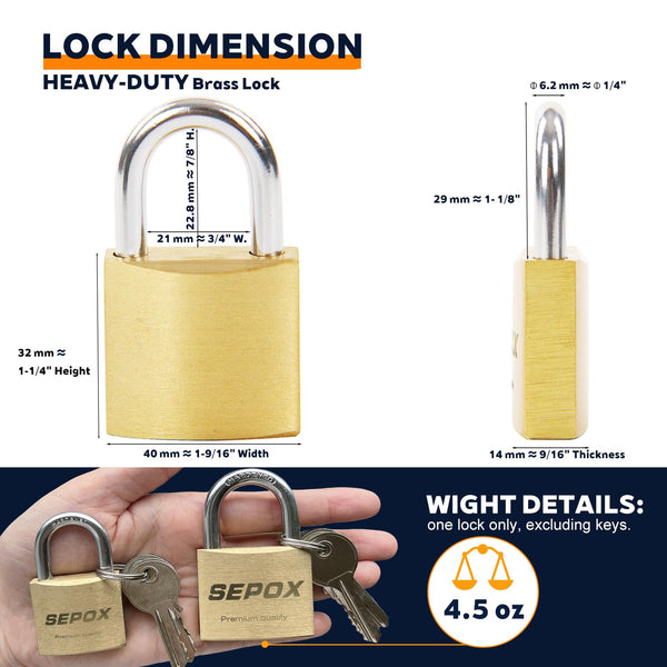 SEPOX 2-Pack Premium Solid Brass Padlock Keyed Alike, 1-9/16" 40mm Heavy Duty Weatherproof Outdoor Lock with 4 Same Keys, Copper Padlock for Gate, Gym Locker, Tool Box, Storage, Shed, Fence & More