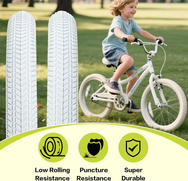 2 Pack 16/18/20 x 2.125 Bike tire White Color with Tubes and Tire Levers 16/18/20 Inch Bike tire Kids Folding Replacement Bicycle Tires Fits Most Kids Bikes and BMX Tires (16X2.125)
