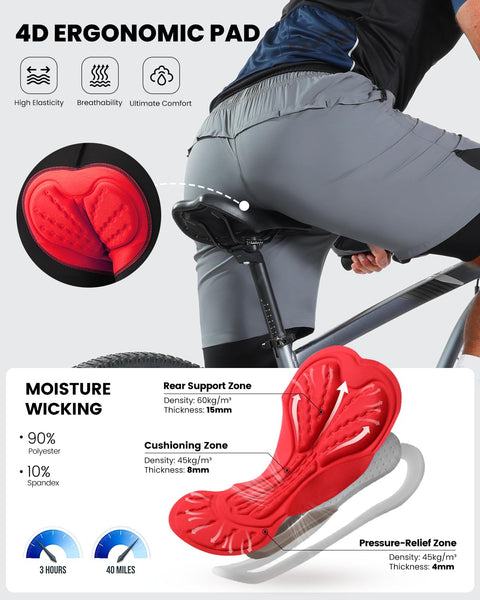 Sportneer Bike Shorts for Men - 3D Padded Lightweight MTB Fit Riding Biking Bicycle Biker Shorts with Zipper Pockets