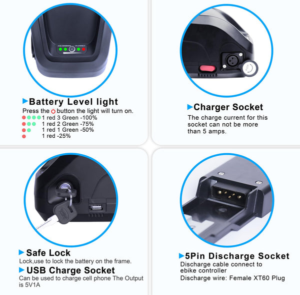 48V 13Ah Ebike Battery, Lithium Battery with 30A BMS for Electric Bicycles,Motorcycles (100-1000W) Motors, Includes Safe Lock,USB Output,Led Indicator Light, XT60 Connector&Base (48V 13AH)