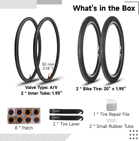 20x1.95 Bike Tire and Tube Set, 2 Pack 20 Inch Mountain Bike Tires with 20x1.75-2.215" Inner Tubes and Repair Tools, Durable Bicycle Tire Kit for Trail, City, and Off-Road Riding