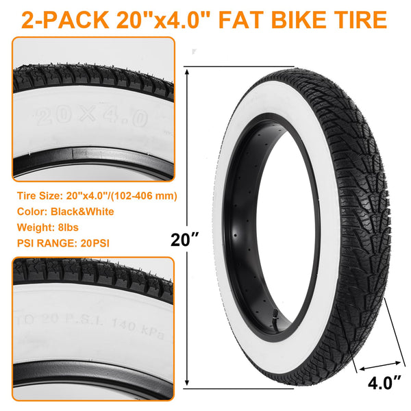 2-Pack 20x4.0 Fat Bike Tire, 20 Inch Mountain Bike Tires & Tubes Set, Folding Replacement Bicycle Tires with Tire Levers for Off-Road Bike, Ebike