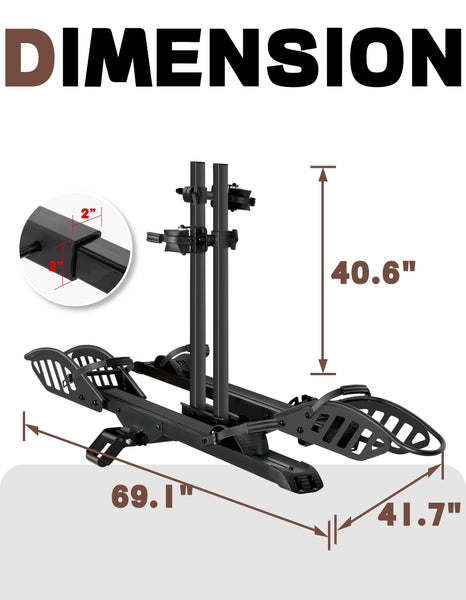 Young Electric E-Bike Rack with Ramp, Hitch 2 Bike Rack, 200 lbs Capacity Electric Bike Carrier, Foldable Platform Mount for Cars, Trucks, SUVs, Minivans, Up to 5-Inch Fat Tire for 2'' Receiver