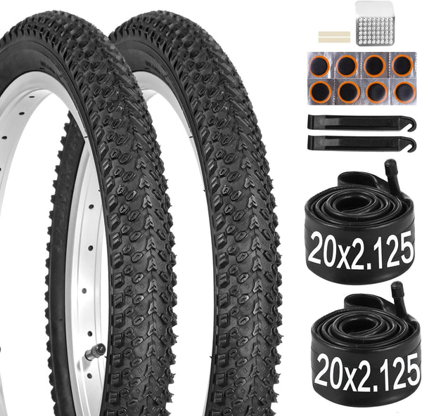 2 Pack 20x2.125 Bicycle Tires and Tubes,20 Inch Bike Tire, 20 x 2.125 Bike Tires & 20x2.125 Bike Tubes with Repair Kit, 20 Inch Mountain Bike Tire for MTB Tire, BMX Tire, Kids Bike Tire