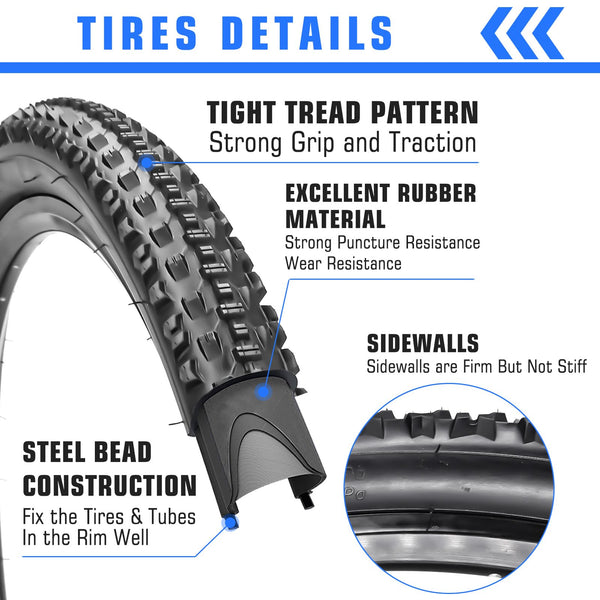 2 Pack 26 x 2.10/27.5 x 2.10 Bike Tires with 2 Inner Tubes and 2 Tire Levers Folding Bike Tires Fit for 26/27.5 X 1.95/2.10/2.125 Mountain Bike Beach Cruiser Bike City Urban Bicycles Bikes