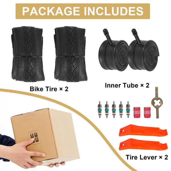 2-Pack 20x1.75 Bike Tire Tube, 20 Inch Mountain Bike Tires & Tubes, Folding Replacement Bicycle Tires with 2 Tire Levers for Hybrid, City Commuter, Urban