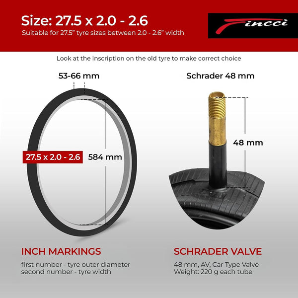 Fincci 27.5 x 2.0/2.1/2.2/2.3/2.35/2.4/2.5/2.6 Inch Bike Inner Tube – 48mm Schrader Valve – Butyl Rubber – Fits Mountain & Hybrid Bikes – Pack of 2