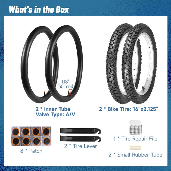 2 PCS 16x2.125 Bike Tire and Tube Set, 16 Inch Bike Tire with Knobby Tread, 57-305 Bicycle Tires, A/V Valve Tubes, Repair Kit for BMX, Mountain Bike, Sidewalk, Park Riding