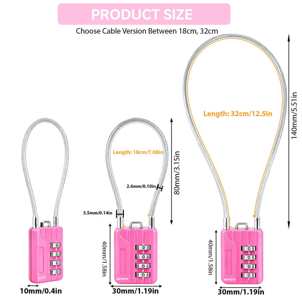 SEPOX® 4 Pcs Resettable Combination Padlock, 1-3/16" Width Body with 32cm Extrem Long Cable, 4 Digit Combo Cable Lock for Suitcase, Travel Bag, Gym Lockers, Filing Cabinets,Pack of 4 Black