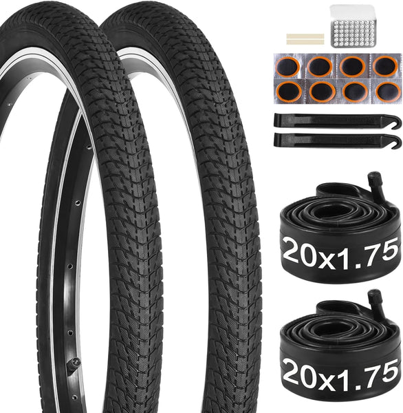 20 inch Bike Tire, 2 Pack 20x1.75 Bike Tires and 20x1.5-1.75 Bike Tubes with Bike Tire Levers, 20x1.75 Bicycle Tire Portable MTB Tires BMX Rubber Tire for Mountain Path Muddy Trail