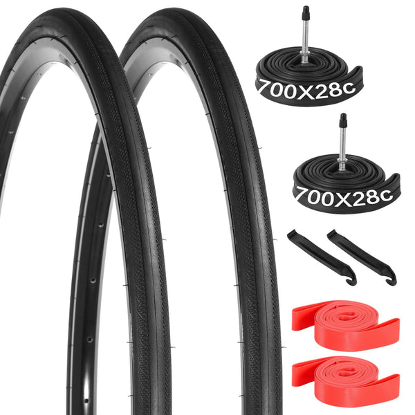 yeesport 700 x 28c Road Bike Tires, 2 Pack Foldable (28-622) 700c x 28 Bike Tire and 700x28c Tube Presta Valve 60mm, 700c Bike Tire & Tire Lever Rim Strips