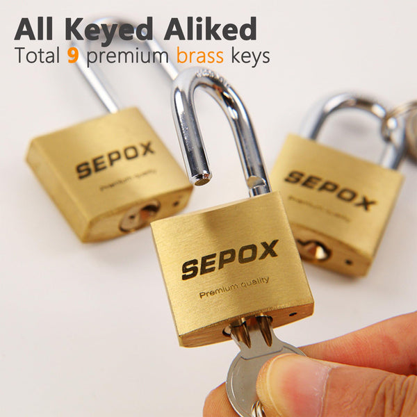 SEPOX 2-Pack Premium Solid Brass Padlock Keyed Alike, 1-9/16" 40mm Heavy Duty Weatherproof Outdoor Lock with 4 Same Keys, Copper Padlock for Gate, Gym Locker, Tool Box, Storage, Shed, Fence & More