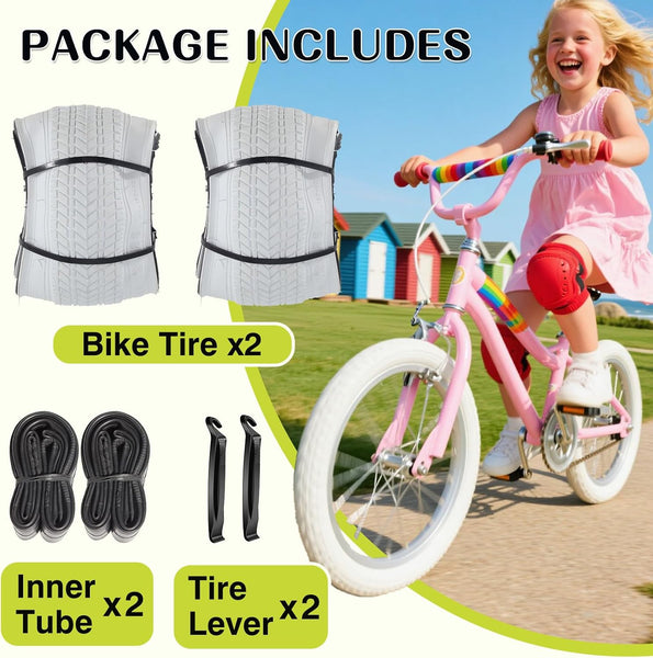 2 Pack 16/18/20 x 2.125 Bike tire White Color with Tubes and Tire Levers 16/18/20 Inch Bike tire Kids Folding Replacement Bicycle Tires Fits Most Kids Bikes and BMX Tires (16X2.125)
