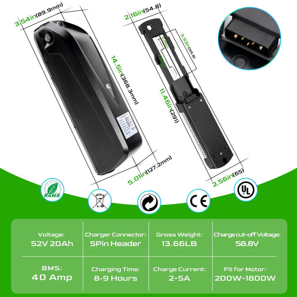 52V Ebike Battery 20Ah Ebike Battery Pack with USB Port, 40A BMS for 200W-1800W Motor,Includes XT60 Connector (52v20ah(200W-1800W))
