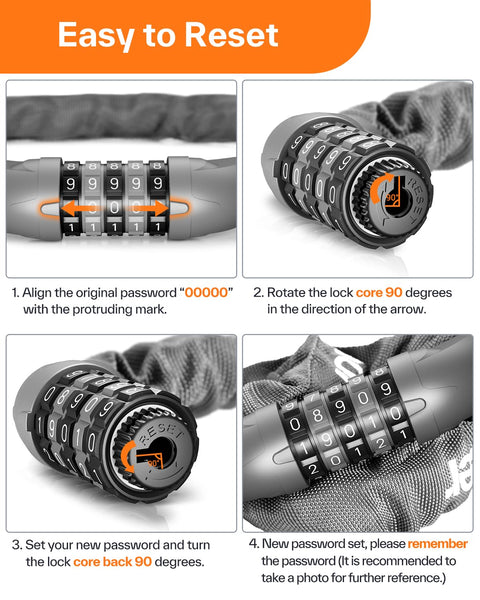 Sportneer Bike Lock: 5 Digit Combination High Security Anti Theft Bike Chain Lock - 3.2/3.6/4ft Heavy Duty Keyless Bicycle Lock for Bike, Motorcycle, Scooter, Door & Gate - 4/6mm Thick, Easy to Use