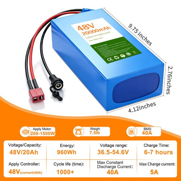 36V 48V Universal Power Pack Battery with 30A BMS & PVC Case Prefect for 200-1500W Systems Support (48V 20AH (200-1500W))