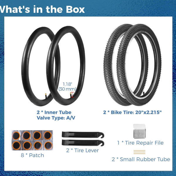 2 Pack 20x2.125 Bicycle Tires and Tubes Set, 57-406 20 Inch Bike Tire Replacement with Repair Kit, Knobby Rubber Tread for Kids BMX, Cruiser, Gravel MTB