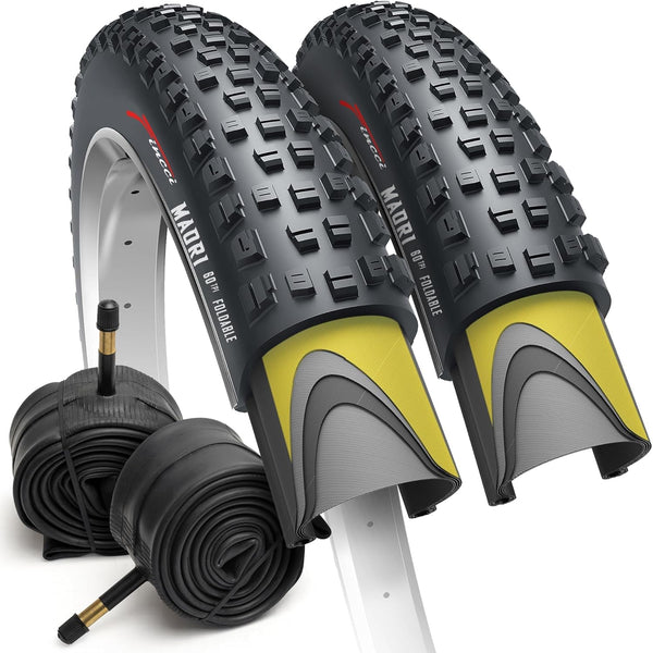 Fincci Set Foldable Kevlar 29x2.25 Mountain Bike Tire with Inner Tubes Schrader-Presta - 29 inch Bike Tire Maori 60 TPI with 1 mm Nylon Puncture Resistant for Electric, Enduro, MTB, XC Bicycle