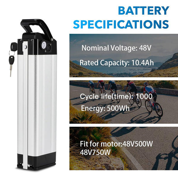 YS YOSE POWER 48V 15AH Lithium Ebike Battery Seat Tube 250W 350W 500W 750W 1000W Bicycle Electric Bike Battery with Charger 2Pins Discharge Port 30A BMS Silverfish E Bike Batteries