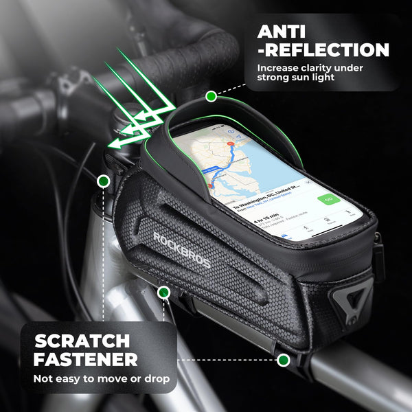 ROCKBROS Bike Phone Bag, [Oversized] EVA Waterproof Bike Top Tube Front Frame Bag Phone Holder Bicycle 1.7L Capacity Pouch Fits Phones With Case Under 7.2” E-Bike Accessories Straps Fit All Frames - TRIPPER ELECTRIC BIKES