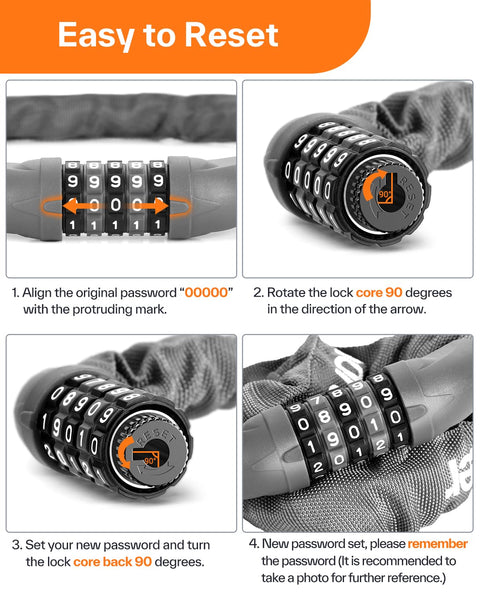 Sportneer Bike Lock: 5 Digit Combination High Security Anti Theft Bike Chain Lock - 3.2/3.6/4ft Heavy Duty Keyless Bicycle Lock for Bike, Motorcycle, Scooter, Door & Gate - 4/6mm Thick, Easy to Use