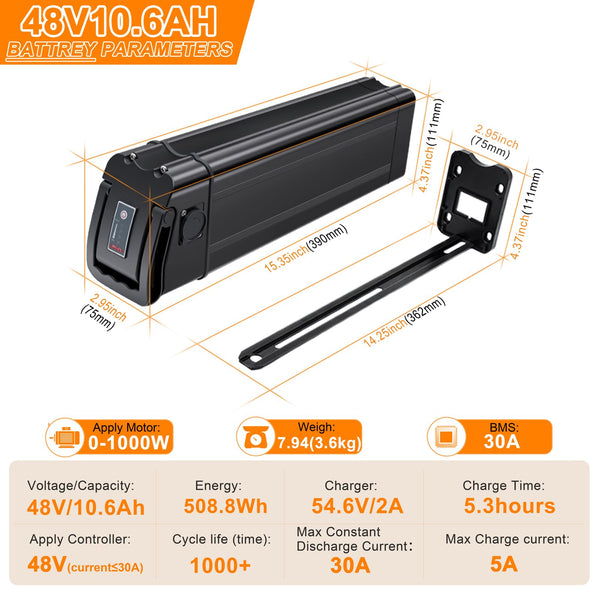 48V E-Bike Battery, Silver Fish Lithium Batteries 30A BMS, Safe Lock, Led Indicator Light for Controller 0W-1000W Electric Bike Bicycles Motor (48V 15AH 0-1000W)