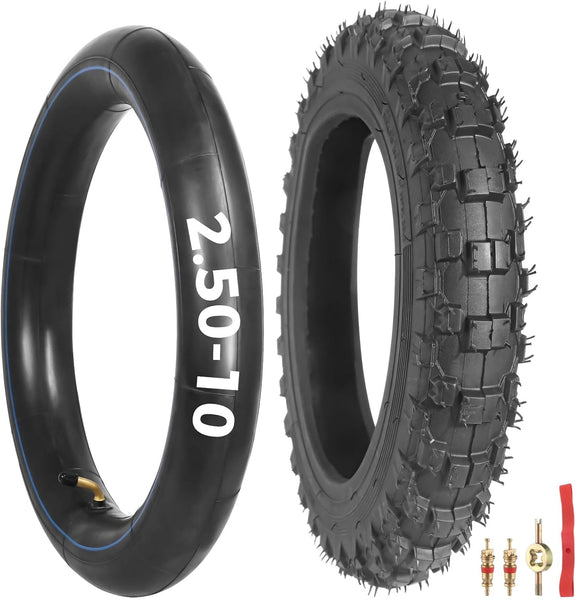 yeesport 2.50-10 Dirt Bike Tire and Tube Kit, 60/100-10 Off Road Tire and 2.50-10 Dirt Bike Tube with Rim Strip and Valve Core Tools, 10 Inch Pit Bike Tire for Mini Dirt Bikes, Front Rear Wheel
