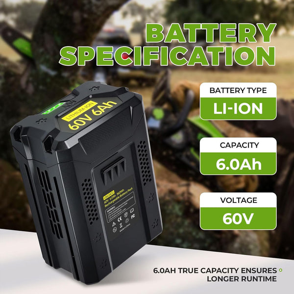60V 6.0Ah Lithium Battery Compatible with Greenworks 60V Battery LB604, 2908502, LB6042, LB60A00, LB60A01, LB60A02, 60 Volt Power Tools PS60L211 PH60L210