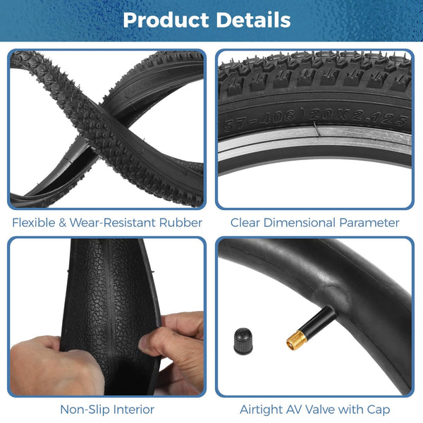 2 Pack 20x2.125 Bicycle Tires and Tubes Set, 57-406 20 Inch Bike Tire Replacement with Repair Kit, Knobby Rubber Tread for Kids BMX, Cruiser, Gravel MTB