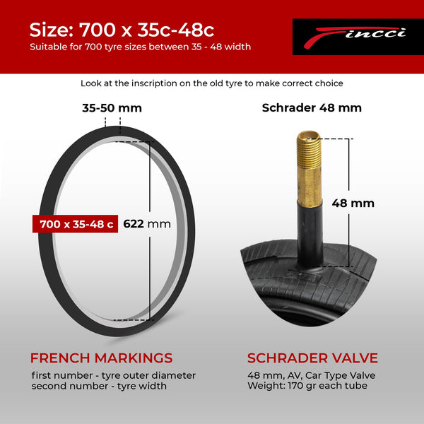 Fincci Pack Inner Tubes 700c x 35c - 40c - 48c with 48mm Presta-Schrader Valve - 700c Bike Tube for Gravel, Urban, Road,Touring, Hybrid, E Bikes - 28 inch Tubes Butyl Rubber for Wheels 622