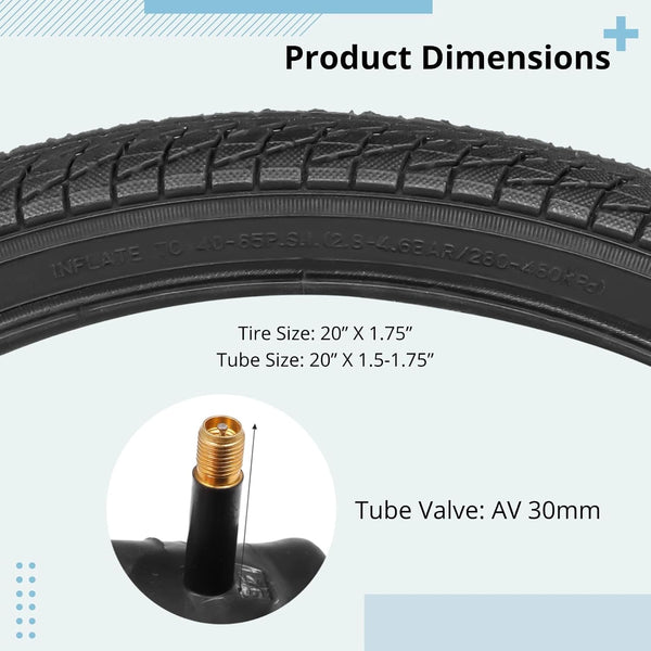 20 inch Bike Tire, 2 Pack 20x1.75 Bike Tires and 20x1.5-1.75 Bike Tubes with Bike Tire Levers, 20x1.75 Bicycle Tire Portable MTB Tires BMX Rubber Tire for Mountain Path Muddy Trail