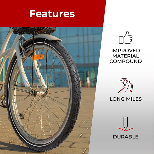 Fincci Pair 26x1.95 Bike Tire - Leno Semi-Slick City 26 inch Bike Tires - 50-559 Black Foldable Mountain Bike Tires for Electric, Road, MTB Bikes
