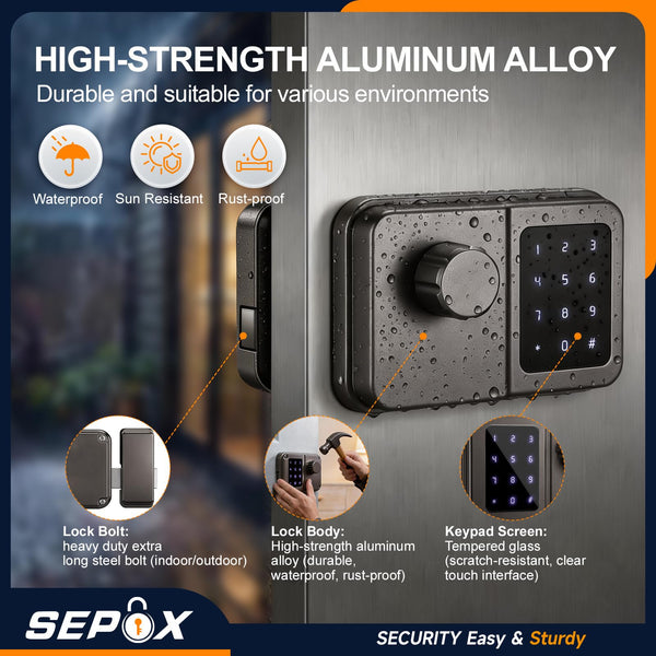 SEPOX Bluetooth Smart Gate Lock, Outdoor Gate Lock for Fence & Garage, Electronic Keyless IC Card, Passcode & Mechanical Key, Waterproof Rim Lock for Outdoor Garden Yard (Grey Single Unit)