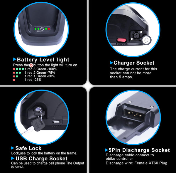 48V 13Ah Ebike Battery, Lithium Battery with 30A BMS for Electric Bicycles,Motorcycles (100-1000W) Motors, Includes Safe Lock,USB Output,Led Indicator Light, XT60 Connector&Base (48V 13AH)
