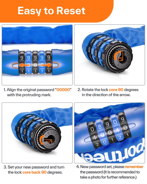 Sportneer Bike Lock: 5 Digit Combination High Security Anti Theft Bike Chain Lock - 3.2/3.6/4ft Heavy Duty Keyless Bicycle Lock for Bike, Motorcycle, Scooter, Door & Gate - 4/6mm Thick, Easy to Use