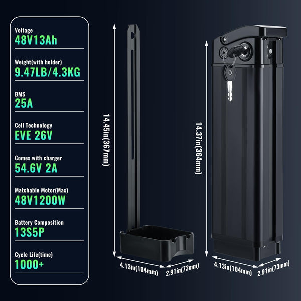 48V 13Ah Ebike Battery, Folding E-Bike Lithium Replacement Battery 25A BMS for 0-1200W Motor, XT60 Connector, Safe Lock, LED Indicator Light, USB Port
