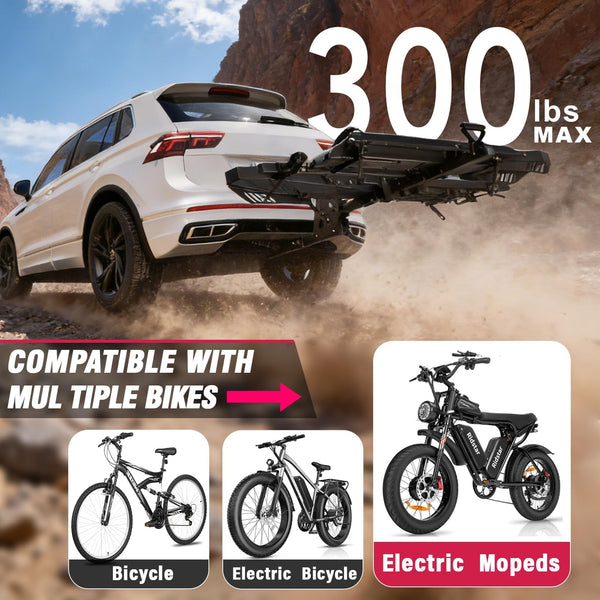 Ebike Rack with Ramp, Foldable Bike Rack for Tow Hitch, Heavy Duty Bike Carrier for 2 Fat Tire Bikes with 300LBS Load Capacity - Fits SUV, Truck, Trailer, RV-Gray
