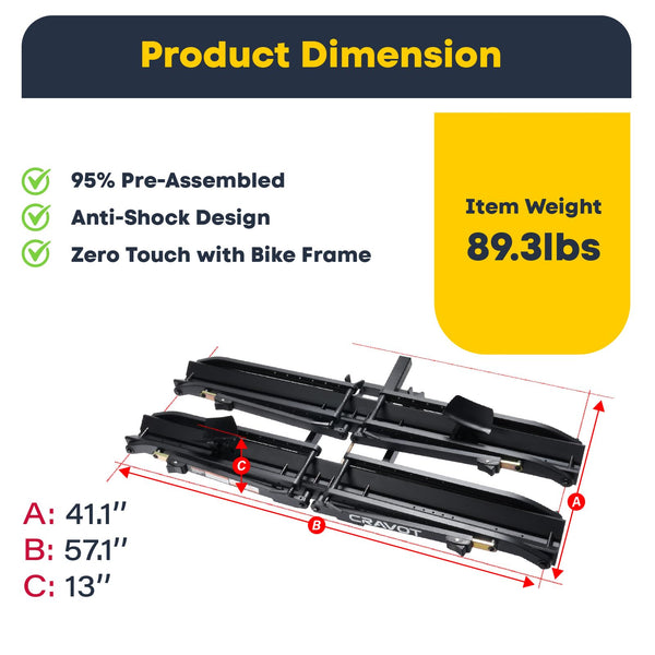 CRAVOT Ebike Racks for 2 Bikes Tow Hitch, Tire Clamp Rack Bike Carrier, Heavy-Duty Haul Ebike Rack with 2 Tray Arms Lock, 200lbs Capacity Fits Fat Tire Bicycle, for Car, SUV with 2" Receiver