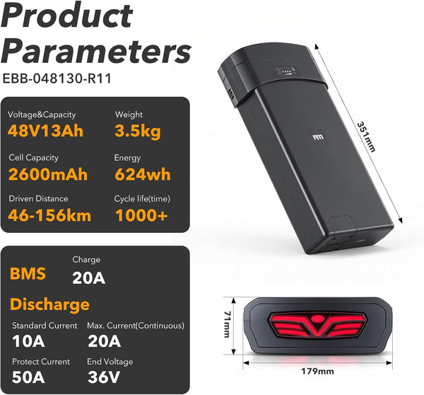 YS YOSE POWER Electric Bike Battery 48V 13Ah Compatible with PEDEGO Electric Bicycles Fit for 48V Pedego Ebike Battery Replacement with Taillight