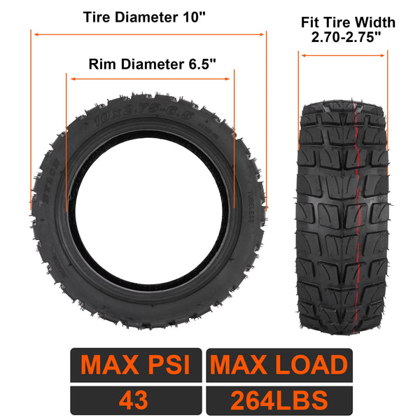10x2.75-6.5 Scooter Off Road Tire, 10x2.70-6.5 Tubeless Tire for Speedway Dualtron Joyor Titan Segway Gotrax Mten3 Okai Beetle Hitway H5 Electric/Gas Scooter balance Scooter 10" OD Tubeless Tyre