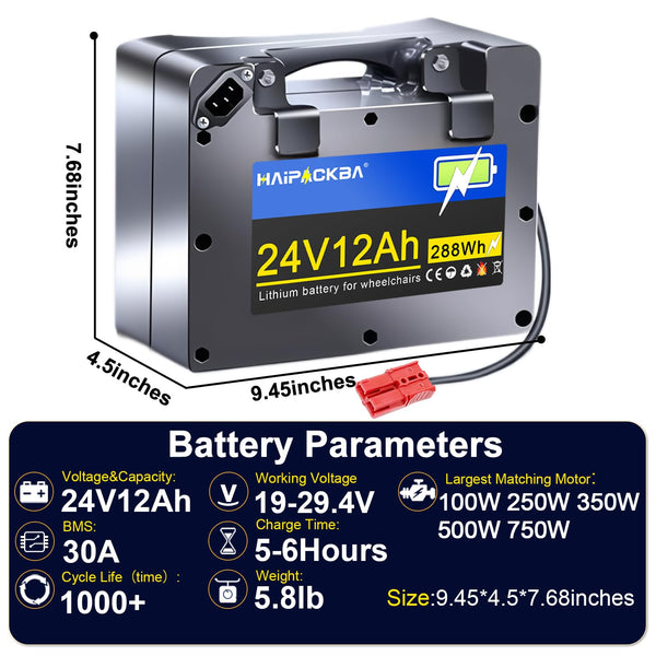 24V12Ah Lithium Battery for Wheelchair Battery, Built-in 30A BMS for 100W/250W/350W/500W/750W Motors,Replacement Lead-Acid Batteries, with 29.4V 2A Charger&Anderson Connector(24V 12AH)