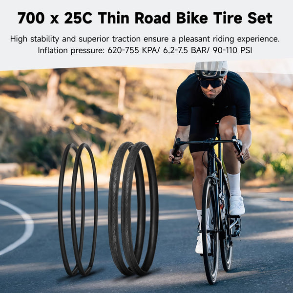yeesport 700 x 25c Road Bike Tires, 2 Pack Folding 700x25c Tires & 700 x 25c-28c Bike Tubes Presta Valve 48mm Tire Replacement with Rim Strips for Urban Rural Asphalt Concrete Hard Roads