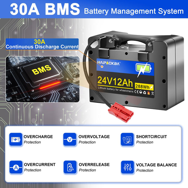 24V12Ah Lithium Battery for Wheelchair Battery, Built-in 30A BMS for 100W/250W/350W/500W/750W Motors,Replacement Lead-Acid Batteries, with 29.4V 2A Charger&Anderson Connector(24V 12AH)