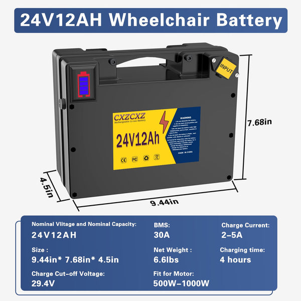 24V Lithium Battery for Electric Wheelchair, Better Than Lead-Acid Batteries,30A BMS for 100W 250W 300W 500W Wheelchairs,Battery with Level disply Screen (with Charger) (24V12AH)
