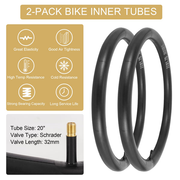 2-Pack 20x1.75 Bike Tire Tube, 20 Inch Mountain Bike Tires & Tubes, Folding Replacement Bicycle Tires with 2 Tire Levers for Hybrid, City Commuter, Urban