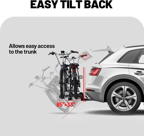 Bike Rack for Car Hitch Mount - Young Electric 2 Ebike Rack Heavy Duty Platform Carrier 200lb Capacity, Smart Tilting & One Hand Folding Bicycle Racks for SUV, Minivan, RV, Fits 5-Inch Fat Tires