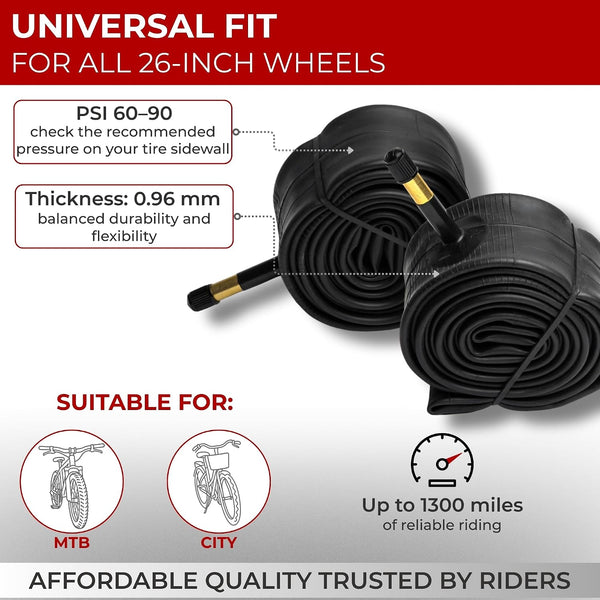 Fincci Pair 26 Inch Bike Tube with Schrader Valve – Durable Bike Tire Tubes 26x1.75/1.95/2.0/2.1/2.125 – Value Pack, Reliable Air Retention and Easy to Install 2x Tubes for MTB, Road and Cruiser Bikes